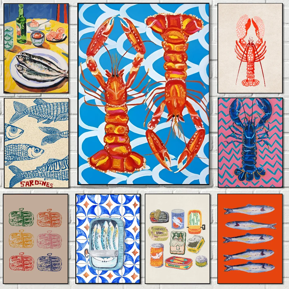 

Colorful Sardine Lobster Fish Ocean Animal Poster Home Living Room Bedroom Bar Cafe Art Decor