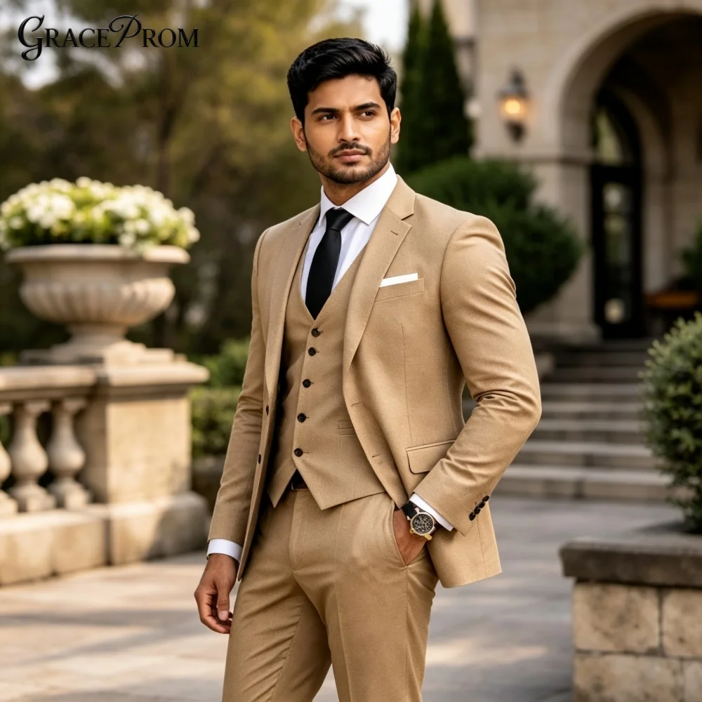 Exquisite 3PCS Mens Suit Khaki Tan Notched Vest Pants Set Groom Tuxedo For Wedding Ceremony Prom Banquet Formal Event Customized