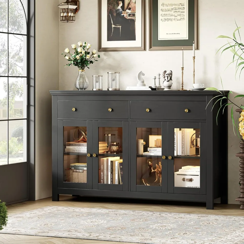 

Black Sideboard Buffet Cabinet with Storage, 55" Large Sideboard Cabinet with 2 Drawers and 4 Doors, Modern Kitchen Cabinet