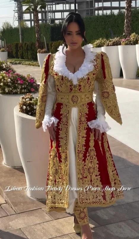 Maßgeschneidertes marokkanisches rotes Hochzeitskleid mit Goldstickerei, langärmelig, Kosovo, traditionelles Abendkleid, Brautkleid, Verlobungskleid