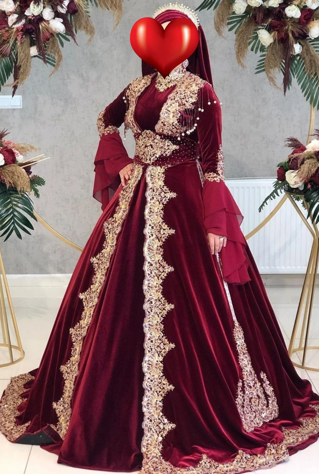 Burgudy Moroccan Muslim Abaya Evening Dress Velvet High Neck Long Sleeve Arabic Prom Dress Beaded Lace Robe De Mariée Customized