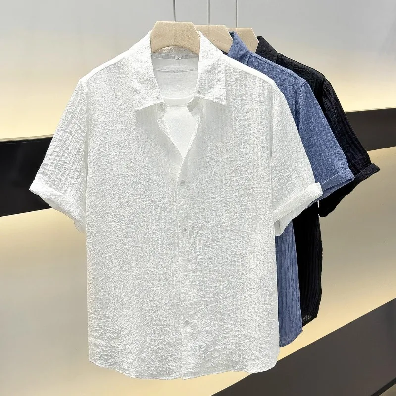 Summer Men's Casual Shirts Casual Button Down Collar Ice Silk Solid Color T-Shirt Vertical Stripe Fit Thin Cool Breathable Tops