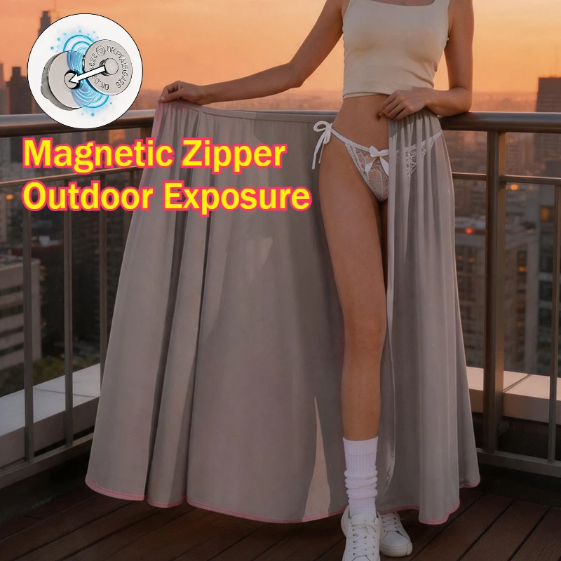 Women's Sexy Magnetic Button Outdoor Expose Dresses Easy Take Off Long Skirts Quick Sex Costume Panties Crotch Open Pants
