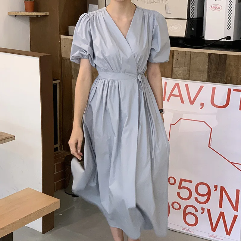 Summer Women Shirt Dress Puff Sleeve Long Female Vintage Maxi Party Oversize Women Dresses Casual Elegant Korea Vestido