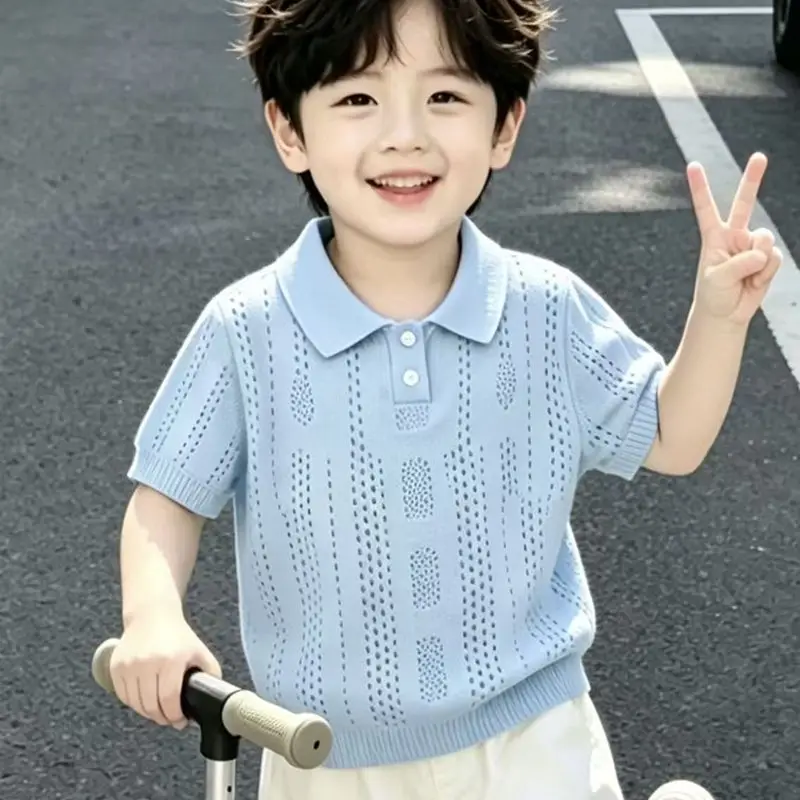 

Children's Knitted Short Sleeve T-shirt Summer New Style Boys' Blue Western Style Hollow Top