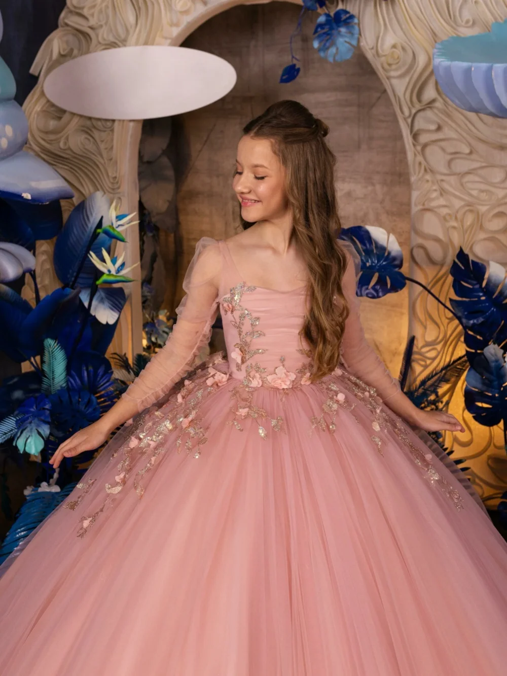 Pink Sequined 3D Floral Princess Gown For Kids Birthday Party Puffy Tulle Luxurious Girls Dresses Performance Outfit 2-14Y