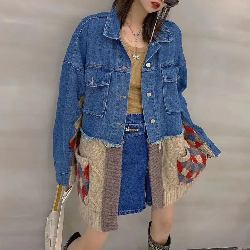 Knitted Stitching Denim Jacket Women coat 2022 Spring Autumn Jackets New Long-Sleeved Loose Outerwear Mid-Length Casaco Feminino