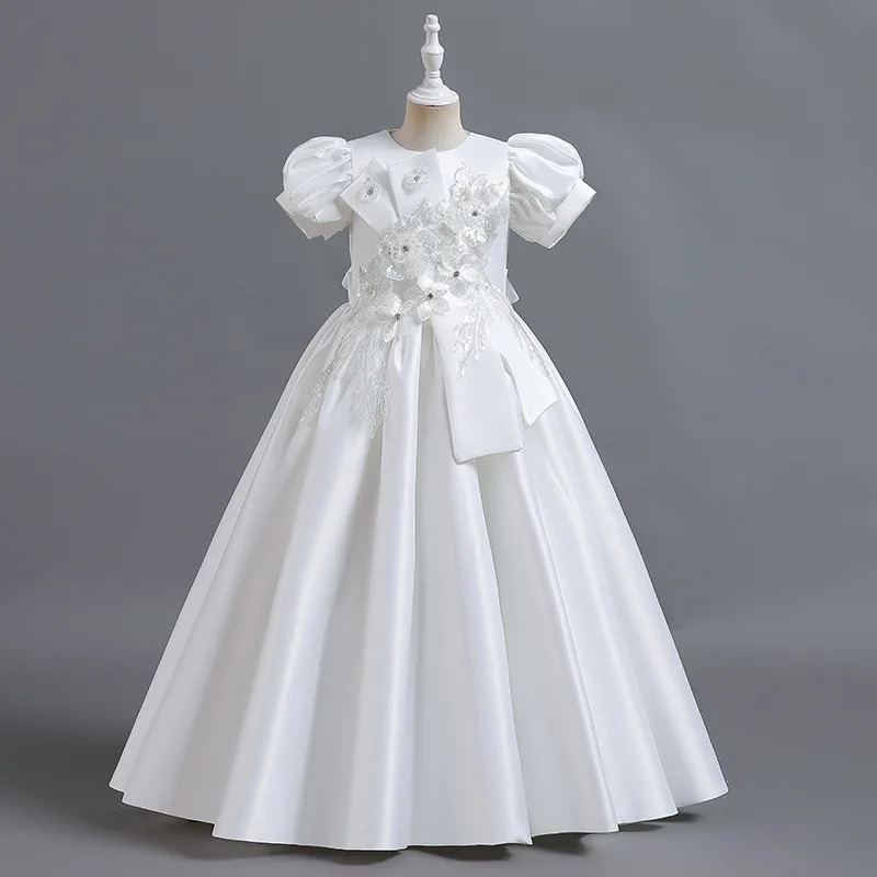 New Girls\' Satin Handmade Beaded Puffy Princess Bubble Sleeve Piano Host Birthday Performance Party Birthday Dress