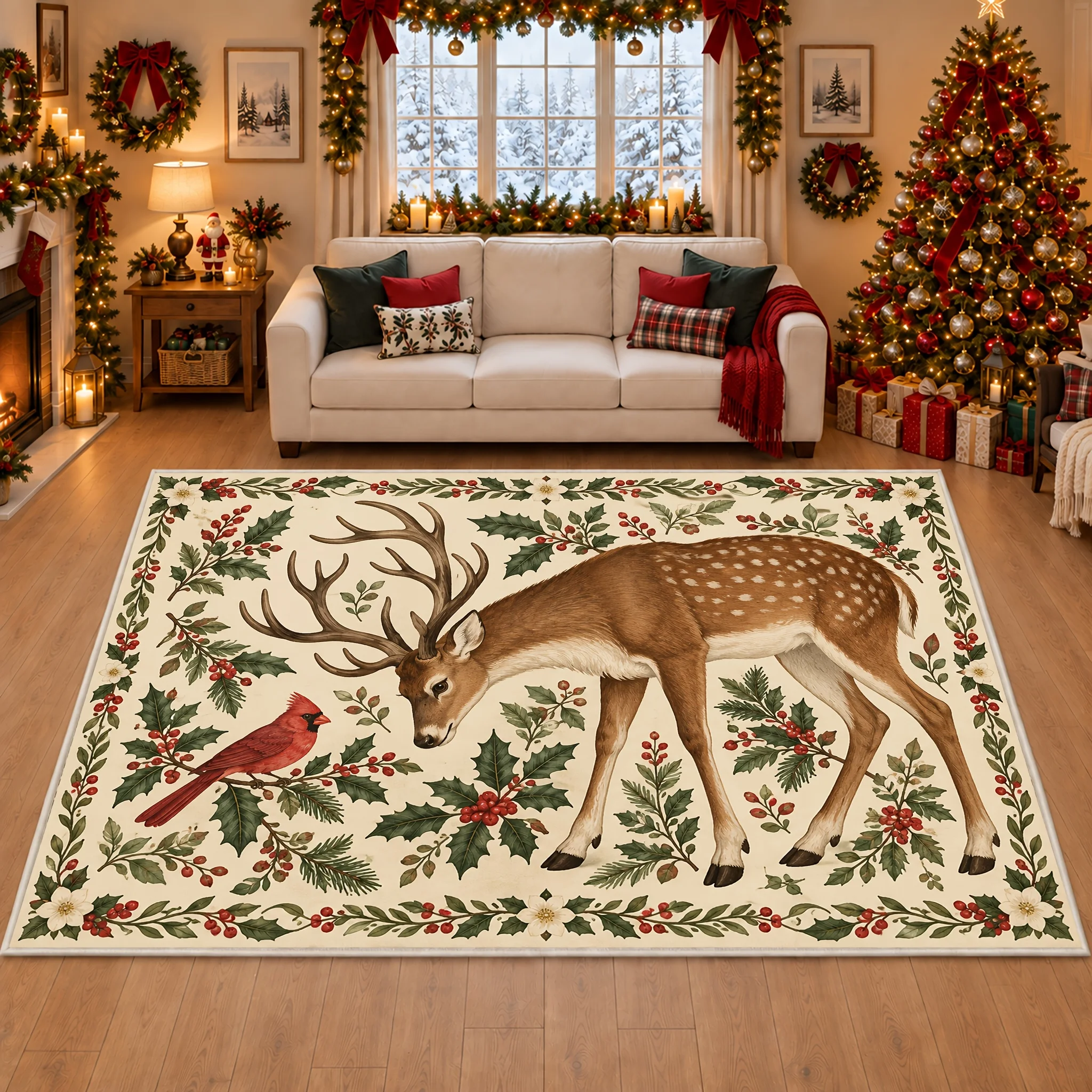 1pc Christmas Deer Cardinal Bird Area Rug, 2D Flat Print, Indoor Floor Mat for Living Room, Xmas Home Decor