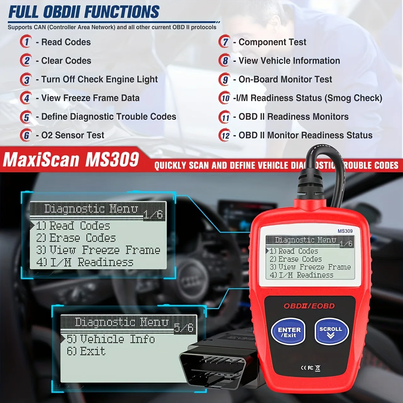 Professional MS309 OBD2 Scanner Universal Vehicle Diagnostic Scan Tool Engine Fault Code Detector Check Engine Light Reader Auto