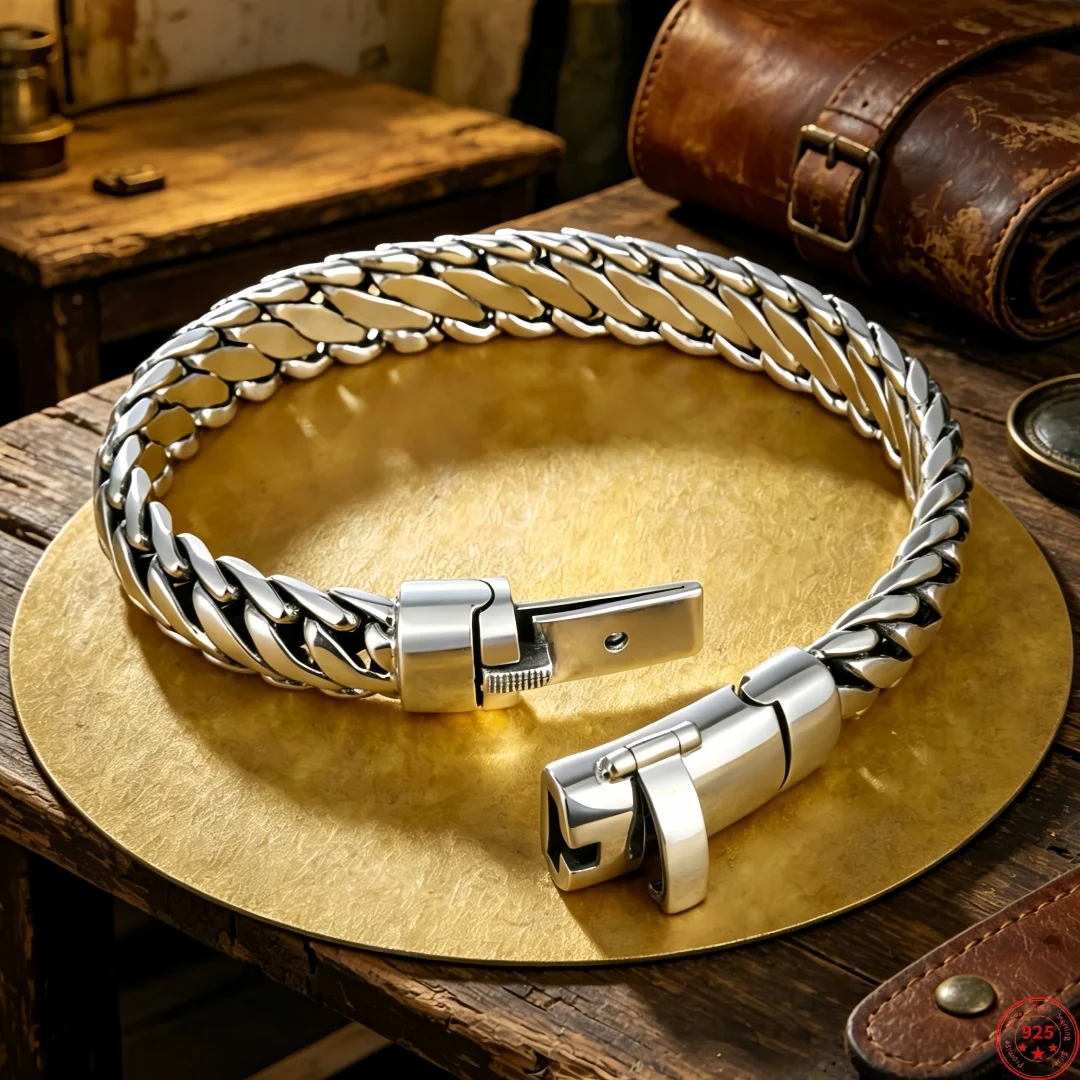 New S925 Sterling Silver Charms Bangle for Men Antique Smooth Three Horsewhip Chain Bracelets Punk Fashion Fine Choice Jewelry