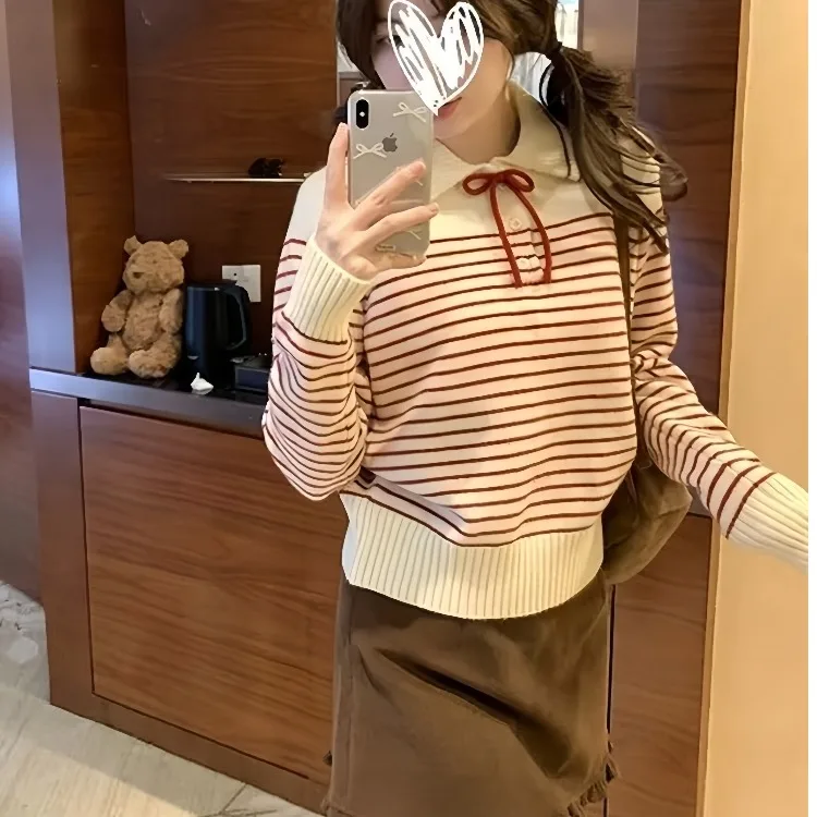 Loose Women's Knitted Sweater Stripe Collar Lazy Sle Autumn Winter Korean Version Chic Aosphere Matching Long Sve Top