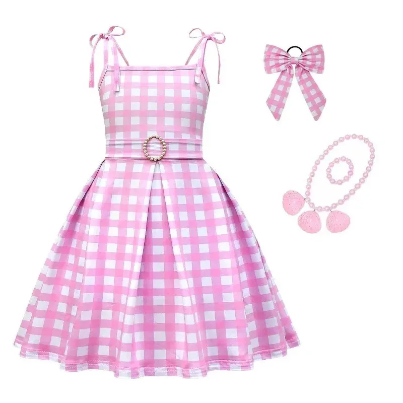 Baby Girl Barbie Dresses Fashion Plaid Sweet Cosplay Costume Summer Strap Slim Children Outfit for 3-10 Years Kids Outfita