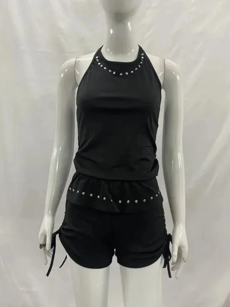 Harajuku estética calle clásico cordón tres partes pantalones cortos moda versátil sólido cuello corbata Metal Rhinestone chaleco ajustado conjuntos