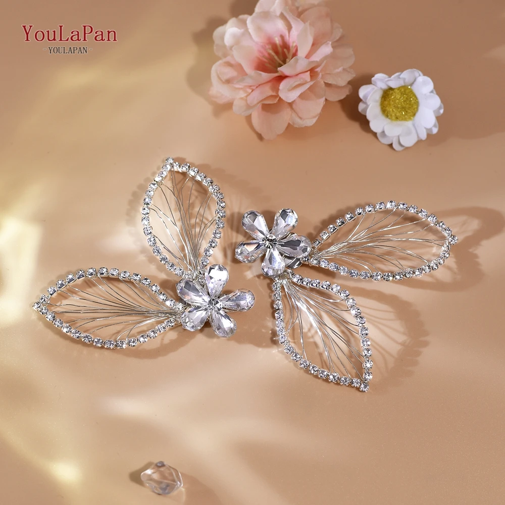 YouLaPan 2PC Rhinestone Flower Shoe Buckle For Bride Handmade Butterfly Shoe Clips Accessories To Decorate Womens Shoes HX52