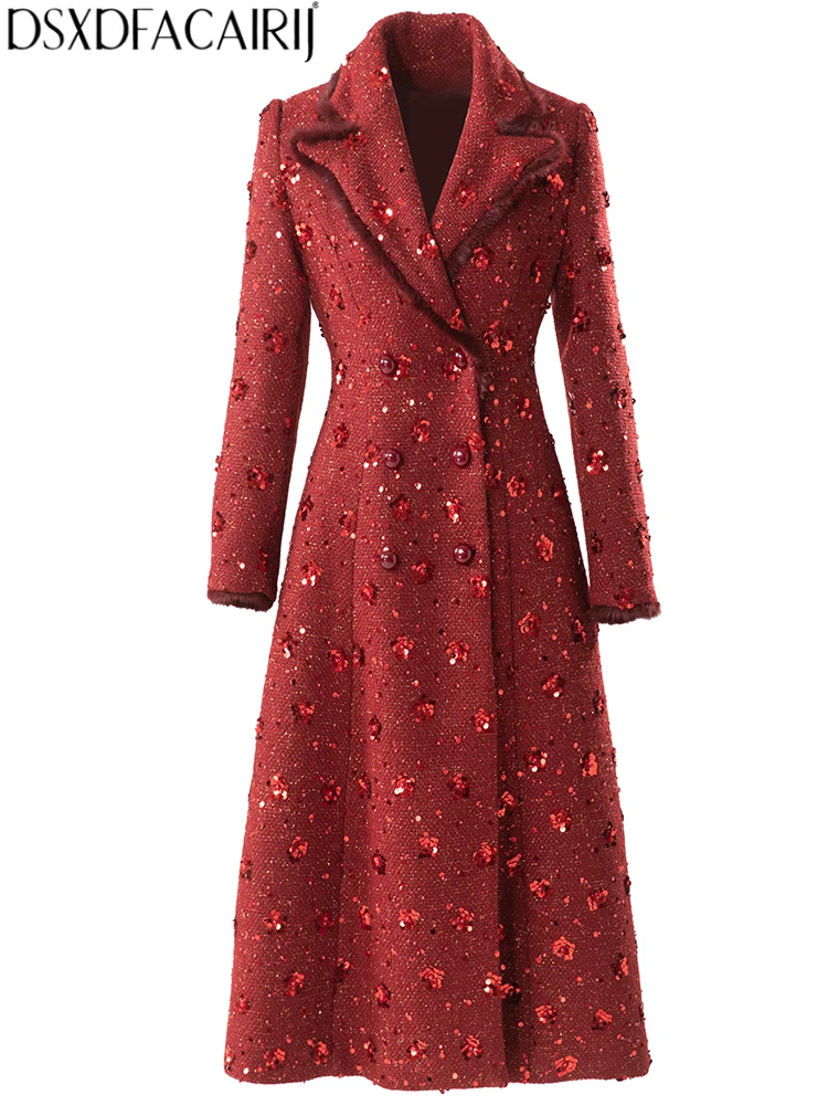 DSXDFACAIRIJ Women's Feathers Lapel Long Sleeves Double Breasted Sequins Winter Streetwear Fashion Coat