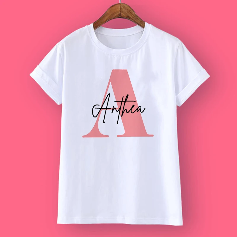 Personalised Initial Girls T-shirt Custom Baby Girl Name Clothes Summer Short Sleeve Tops Pink Letter Kids Tees Fashion Outfits