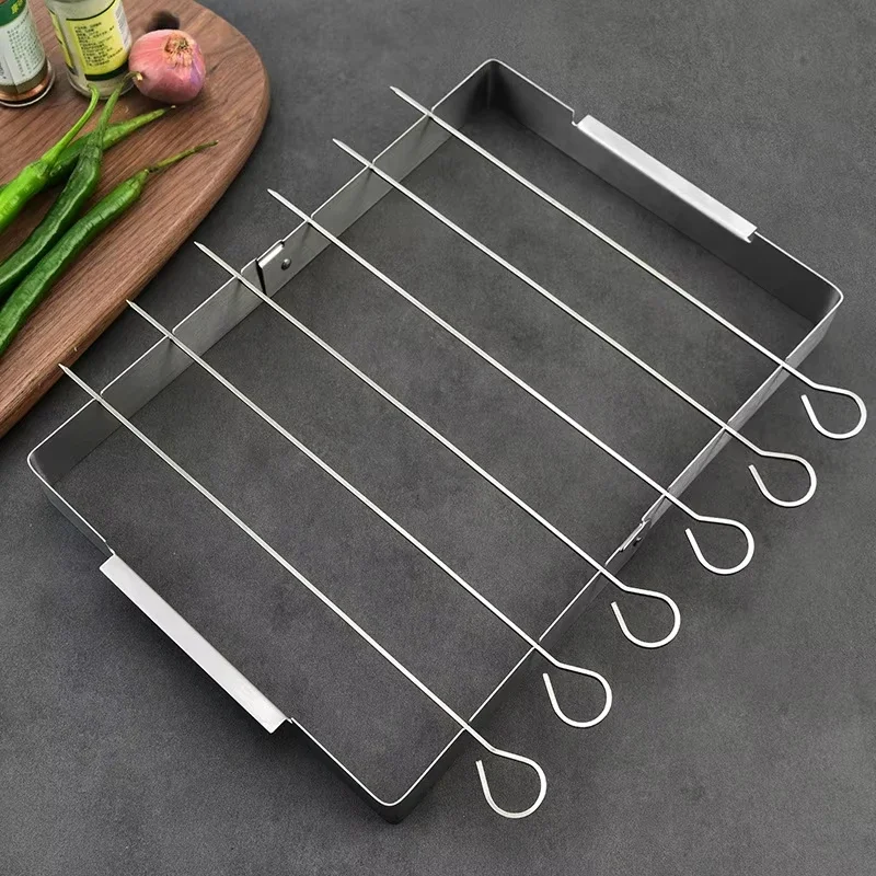 

BBQ Skewer Rack Stainless Steel BBQ Metal Skewers Foldable Rotating Rotisserie Grill Rack with 6 Skewers for Shish Kebab