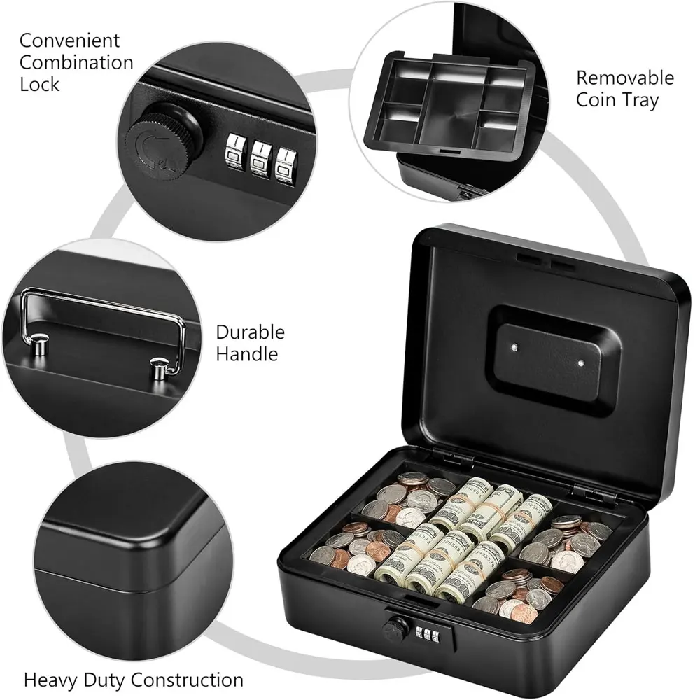 Large Password Lock Cash Box, Sturdy Metal Material, Removable Cash Tray, Suitable for Storing Banknotes, Checks and Coins view 3