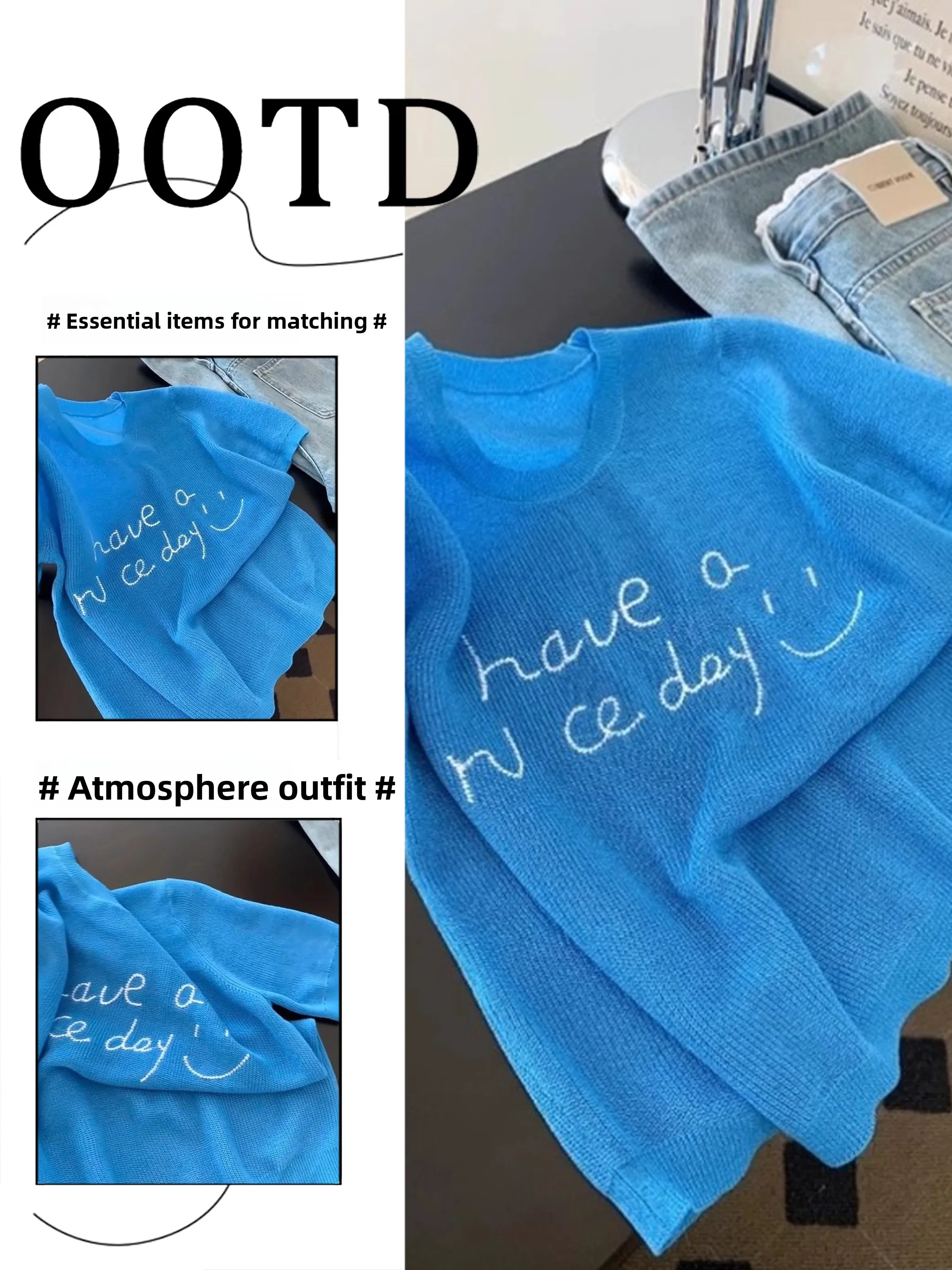 

Light Blue round Ne ort Sve Knitted Top Women's Summer New Sle Ultra Cute Print Top Breathable Casual Wear