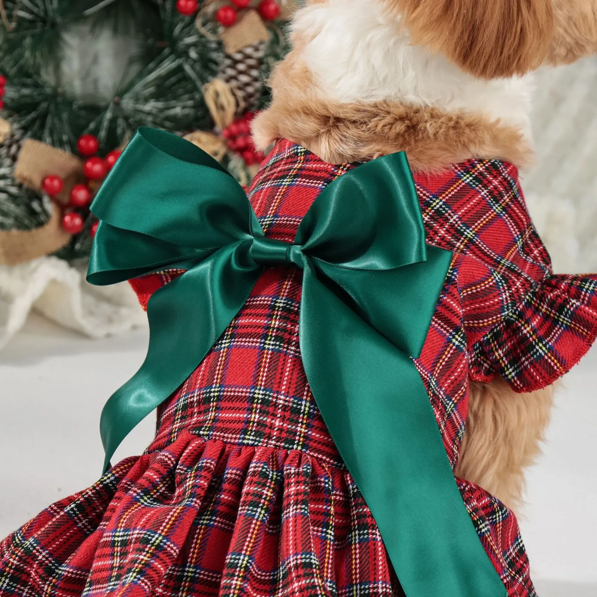 Christmas Dog Clothes Classic Checkered Long Skirt Bow Christmas Party Dress Up Pet Clothing Dog Dresses for Small Dogs