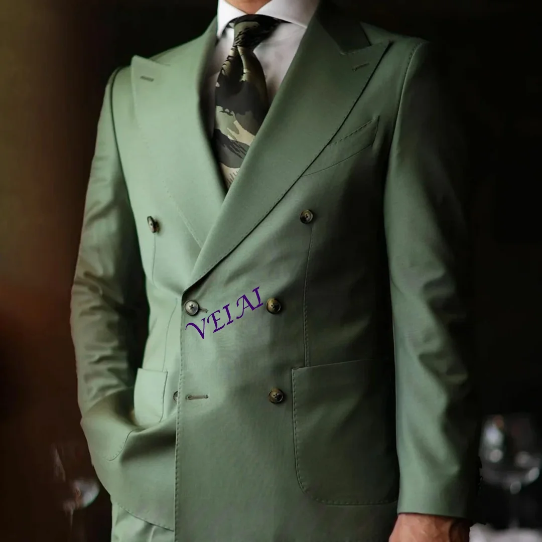 

Повседневные зеленые мужские костюмы для свадьбы, комплекты из 2 предметов, приталенные двубортные смокинги с накладными карманами, костюмы для жениха на заказ