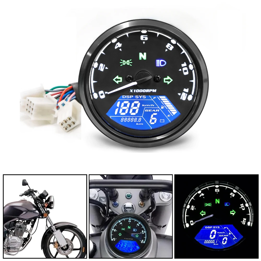 Motorbike Gauge 12V Motorcycle Speedometer Tachometer Night Vision Dial Odometer Fuel Meter 12000RMP LCD Digital Indicator