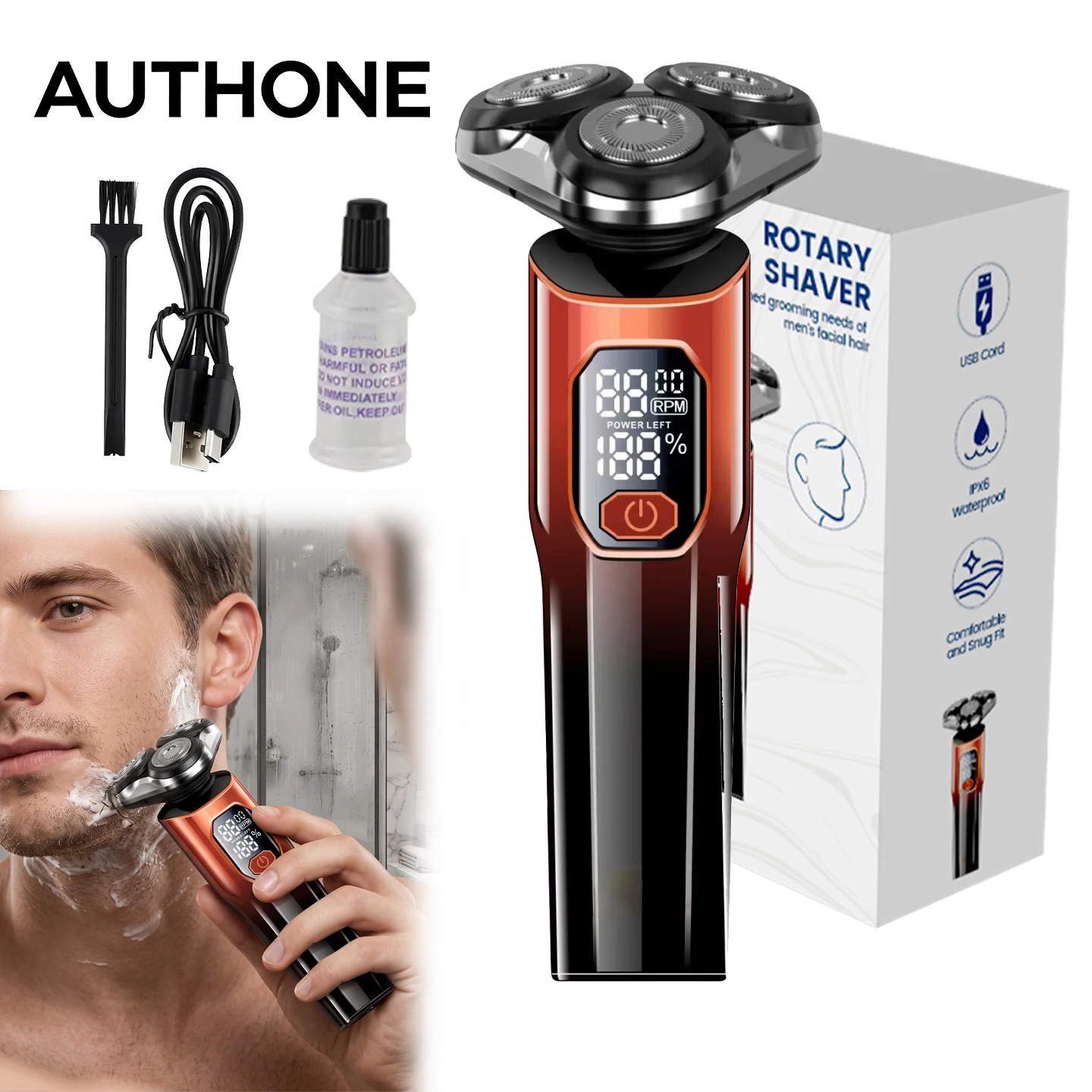 AUTHONE Rotary Shaver For Men Facial Shaver 3D Flexible Cutting Head Digital Power Display Rechargeable Rotary Beard Shaving