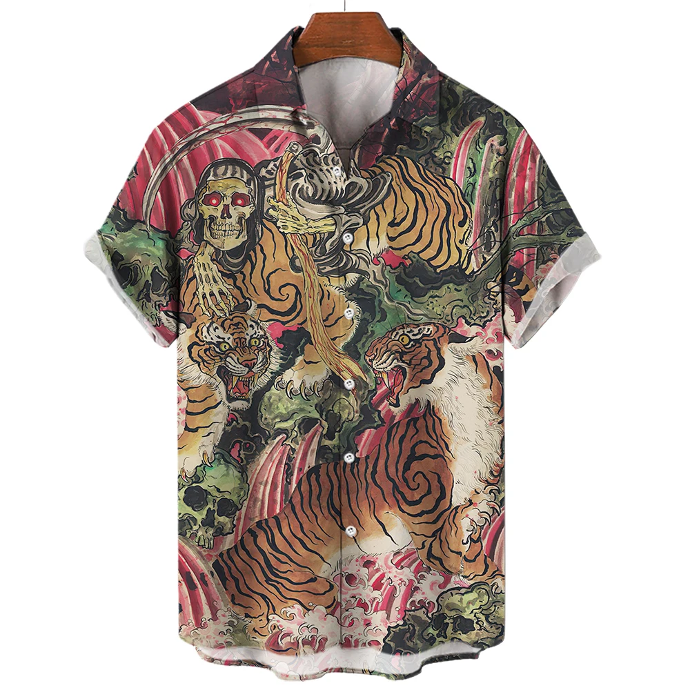 Summer Men Shirt Hawaiian Dragon Tiger Animal Social Oversized Tropical Short Sleeve Casual Floral Breathable Y2k Clothes Slim