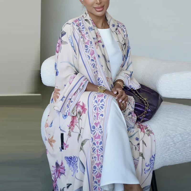 Floral Print Long Sleeved Loose Muslim Cardigan Elegant High Street Swing Vacation Jackets 2025 New Women's V Neck Autumn Coat