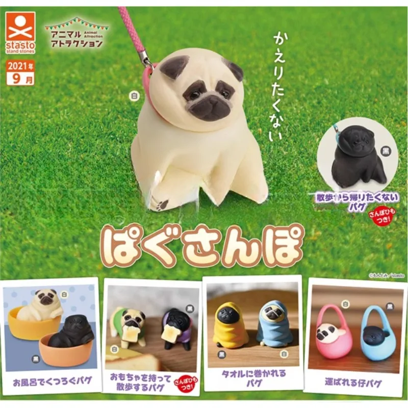 Original Stasto Gashapon Walking Pugs Dog Qversion Mini Animal Anime Action Figure Model Toys Gifts Cartoon Character Collection