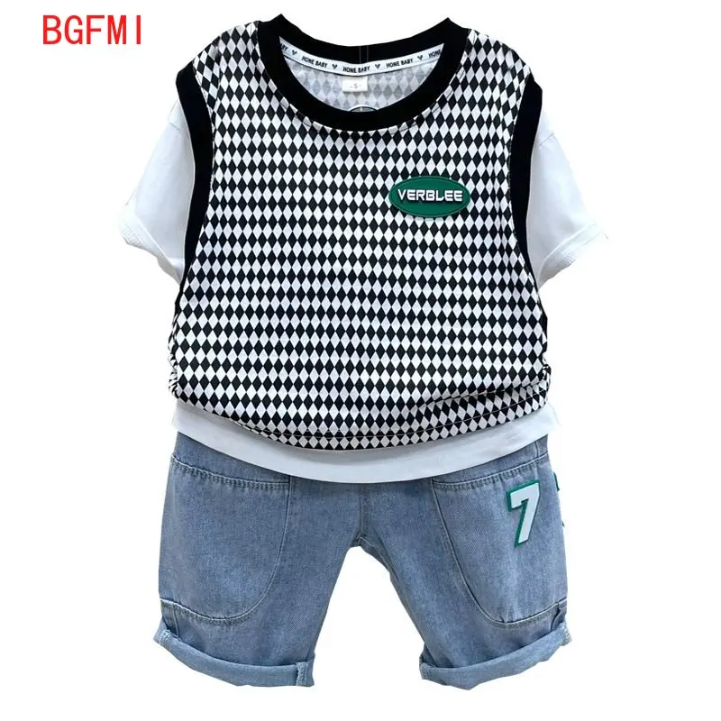 

2-12 Y Summer Children Clothes Baby Boy Clothing Suit Plaid Short Sleeve Patchwork T-Shirt + Pants Boys 2pc Sets Kids Outfits