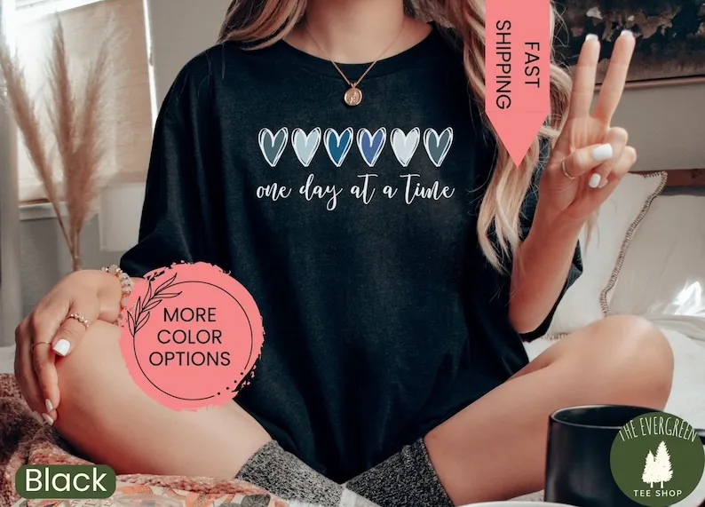 One Day At A Time T-shirt, Hearts Crewneck, Recovery Gift, Encouragement Shirt, Inspirational Tshirt, Mental Health Aware