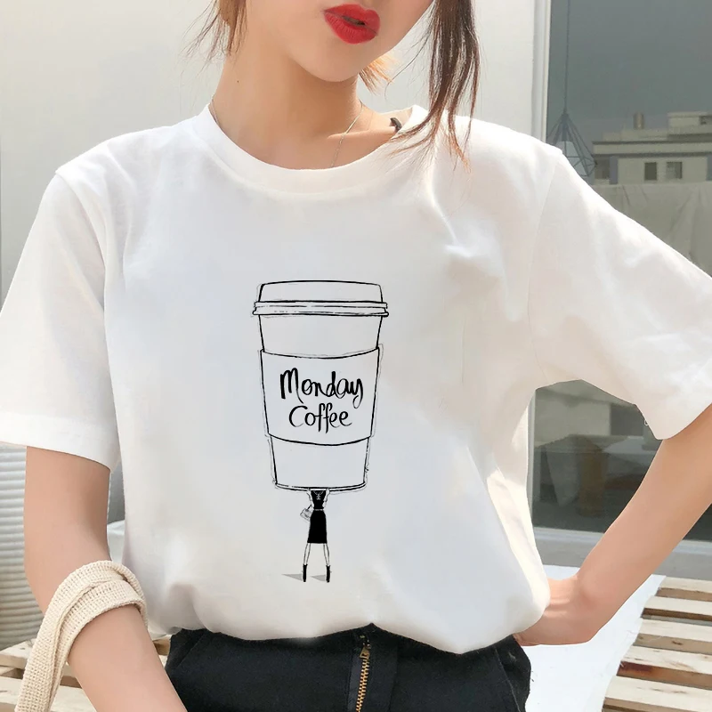 My Monday coffee T shirt Women personality Tshirt Harajuku aesthetics New summer Thin Section White Tops Female T-shirt clothing