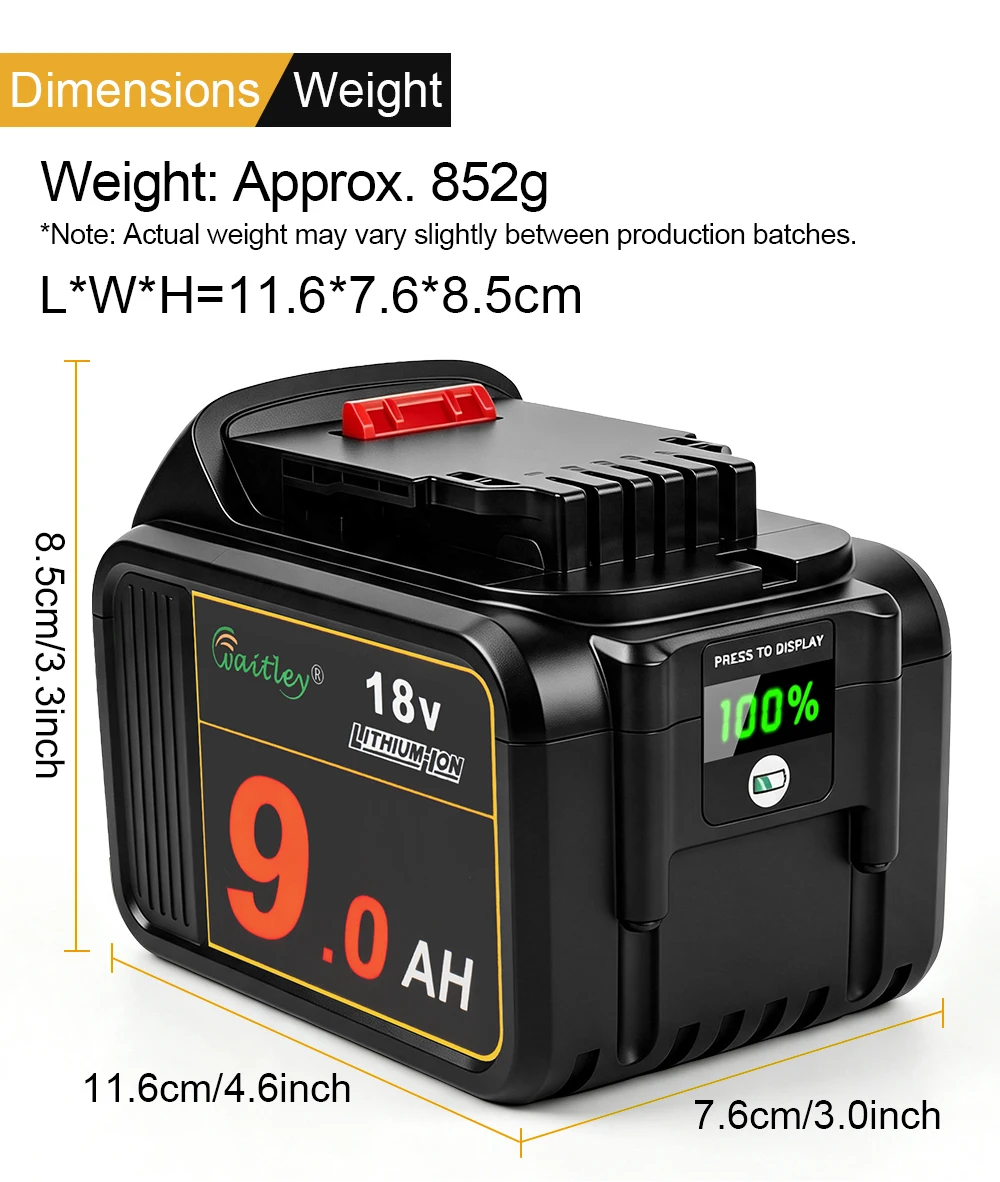 Waitley 9 Ah Akku kompatibel mit Dewalt 18 V Elektrowerkzeug-Bohrmaschine DCB184 181 201 200 20 V 18 V wiederaufladbare Lithium-Batterien – Detail 8