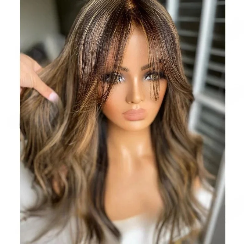 Dark Brown Honey Blonde Highlights Bangs Wig HD Invisible Lace Front Wig Baby Hair Natural Look Fringe Synthetic Wig for Women