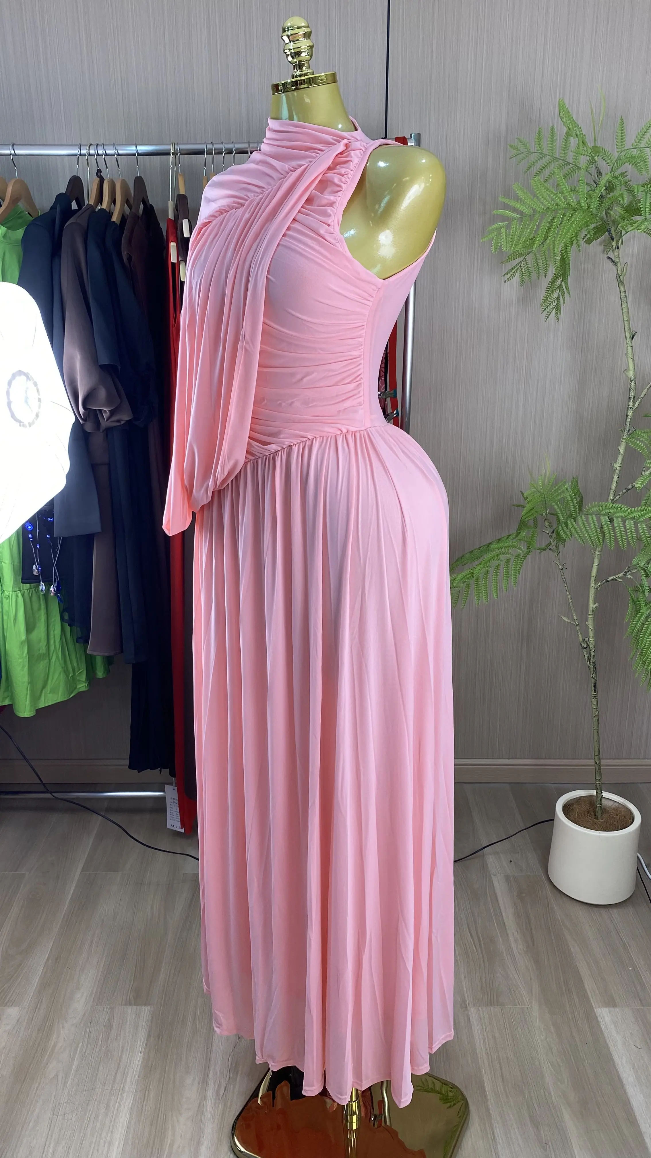 Wholesale boutique clothing: irregular fitted dresses, one-shoulder mesh pleated dresses-GZXX868