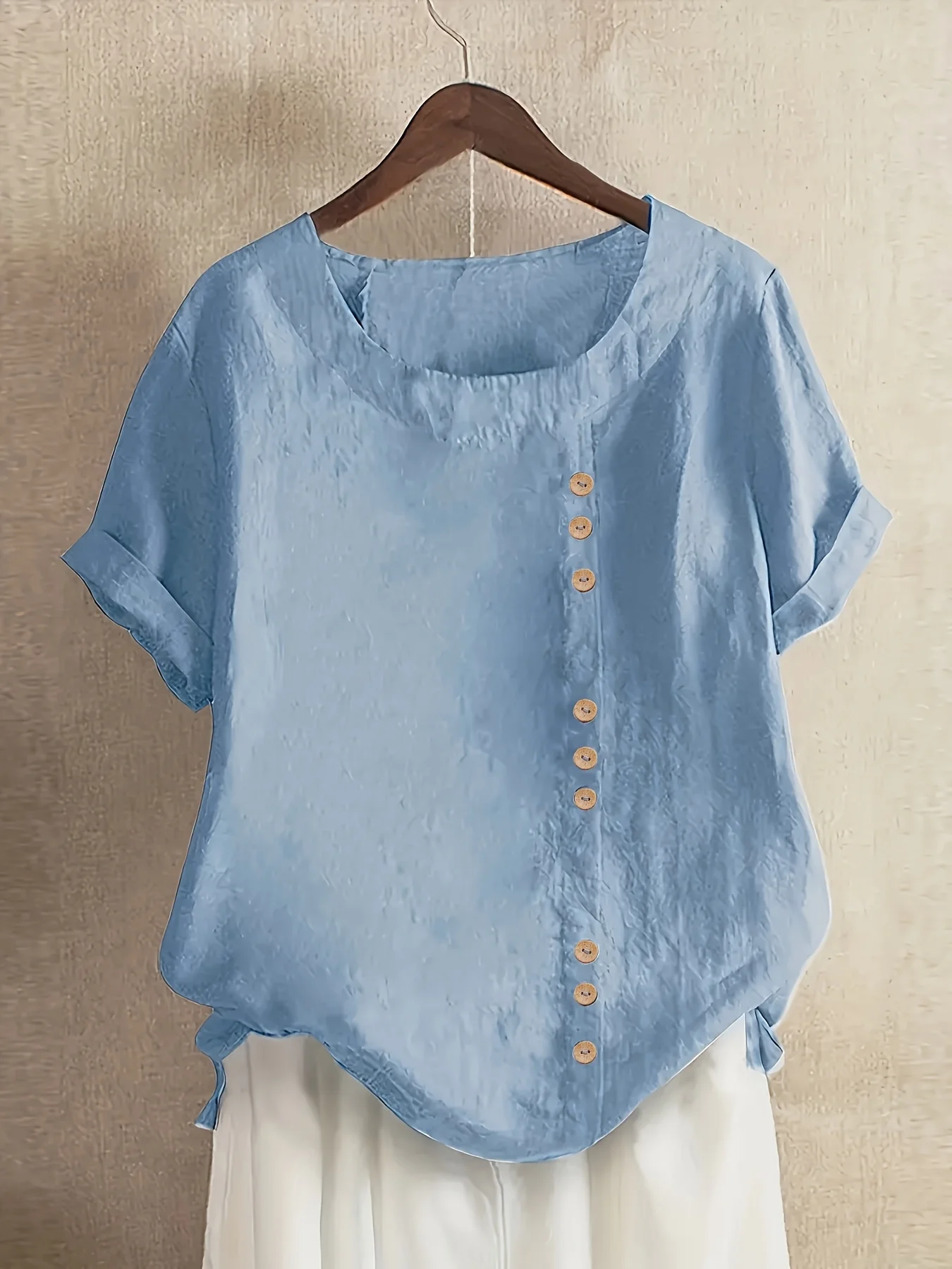 Women's shirt patchwork casual daily weekend solid color short sleeved round neck white summer spring
