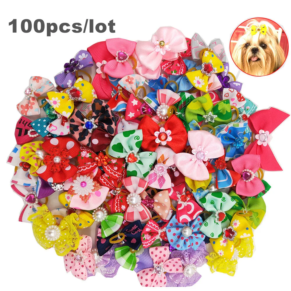 

100pcs Cute Pet Dog Bows Hair Accessories Pets Bowknot Headdress Grooming for Puppy Colorful Bows With Rubber Bands Cat Headwear