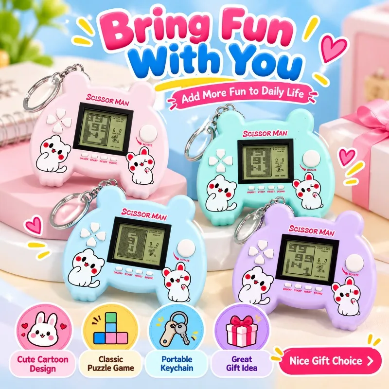 Mini Handheld Electronic Game Keychain Cartoon Classic Brick Game Console Portable Backpack Charm Toy