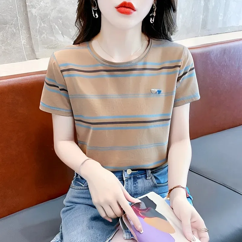 

Women's Striped Short Sleeve T-Shirt Round Neck Casual Loose Summer Embroidery Top