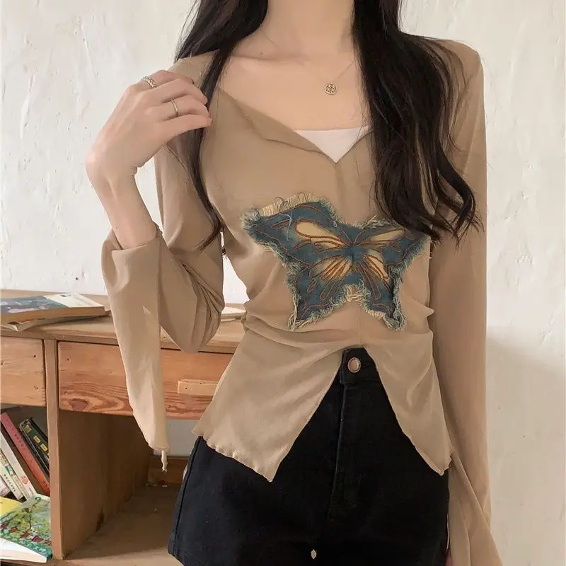 Butterfly T Shirt Korean Style Y2k Crop Top Women Autumn Long Sleeve Tees Irregular Slim Tshirts Femme Solid Fashion Clothing