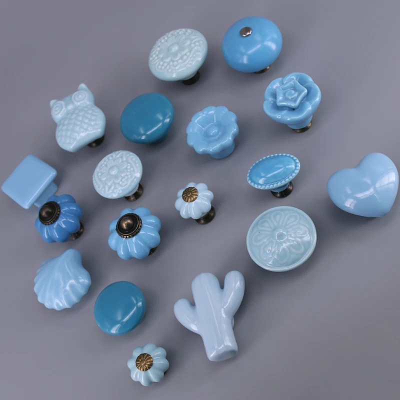 1PC Cute  porcelain drawer Knobs and Handles For Kid Rooms Cabinet Door Knob Cupboard Drawer Wardrobe Pull in Dark Blue color