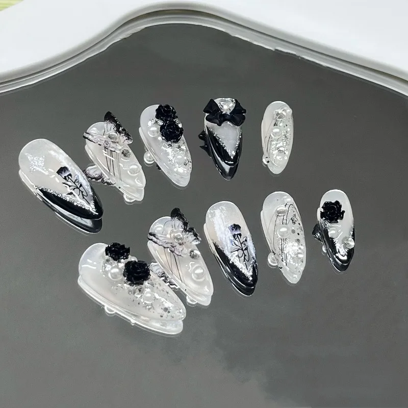 

Handmade Press on Nails for Women Black White 3D Rose Fake Nails High Quality Nail Tips Aesthetic Glued Nails with Box and Tools