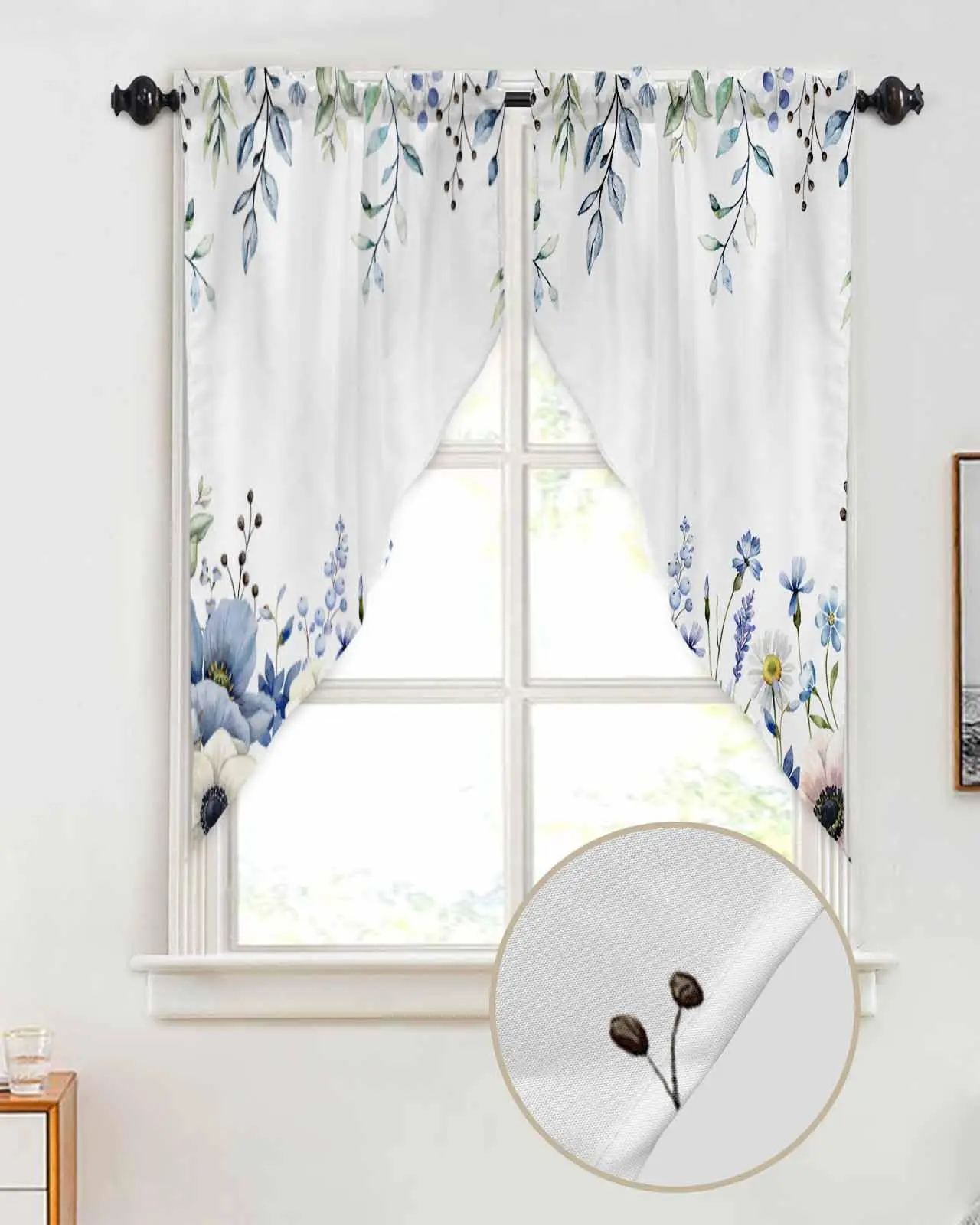 Blue Flowers Wildflowers Eucalyptus Leaves Rod Pocket Kitchen Valance Curtains Scalloped Swag Living Room Bathroom Window