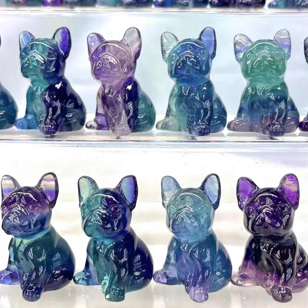 

1Pc Natural Stone Rainbow Fluorite Dog French Bulldog Handmade Carved Animal Crystal Craft Home Decor Crystal Healing Stone Gift