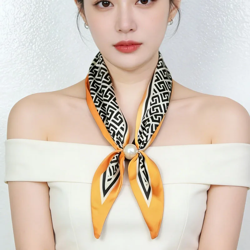 Luxury Design Magnetic Button Summer Silk Scarf Women Magnetic Pearl Necklace Scarves High End Matching Shirt Scarves Ladies