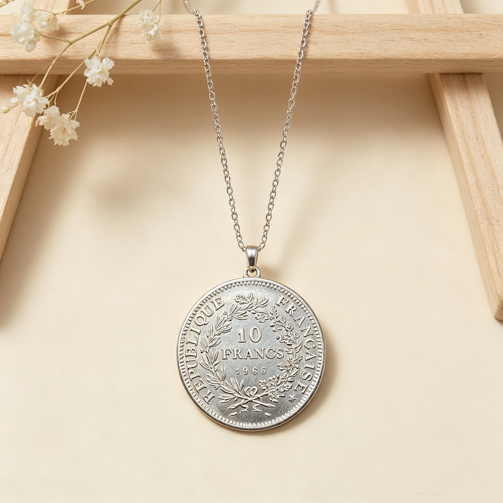Pendant Chain Necklace Coin France Style 1965 1969 1970 10 Francs Silver Plated Metal Collection For 37mm