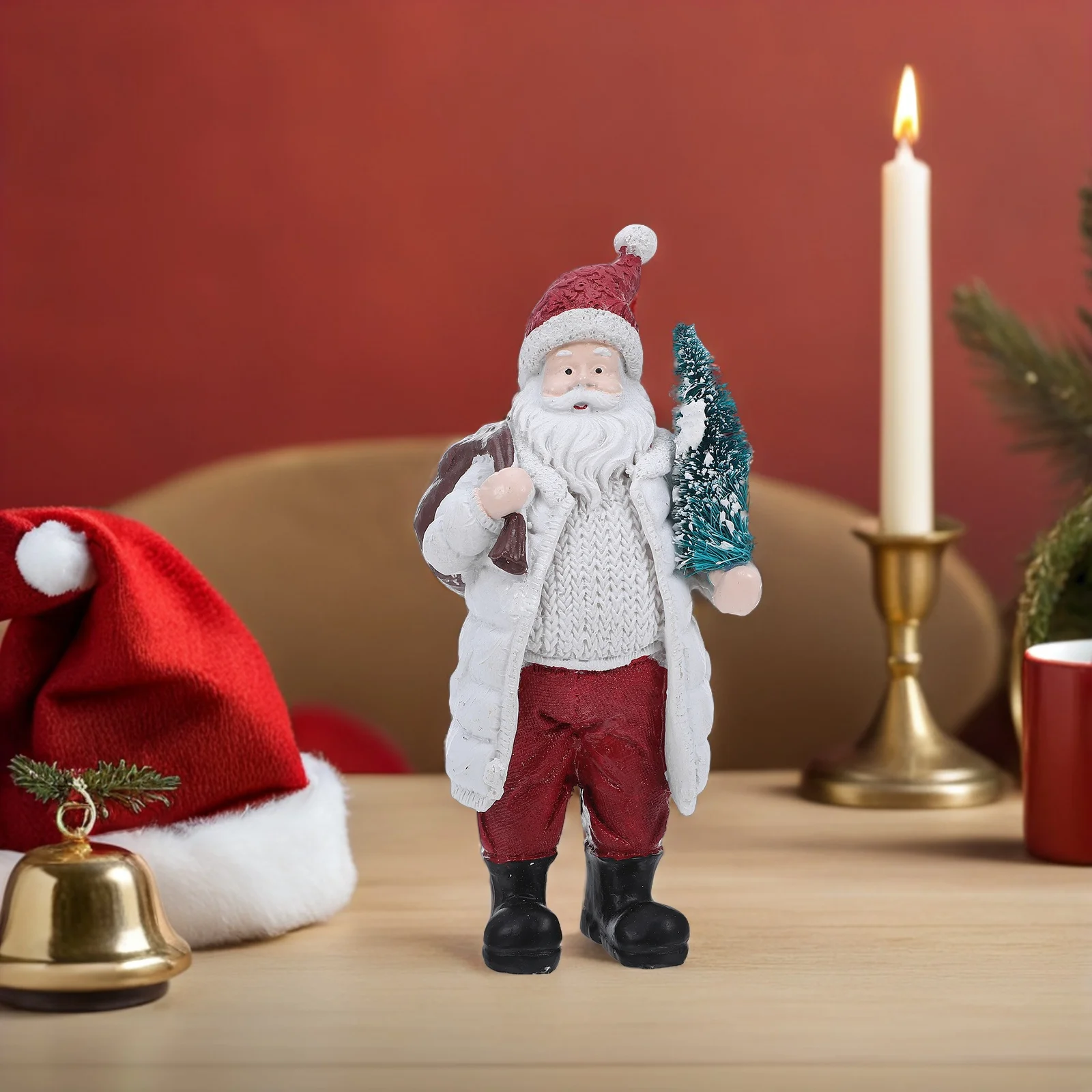 

7.86 Inch Christmas Santa Claus Ornament Resin Statue Holding Tree and Bag Holiday Tabletop Decoration for Home Office Mantel