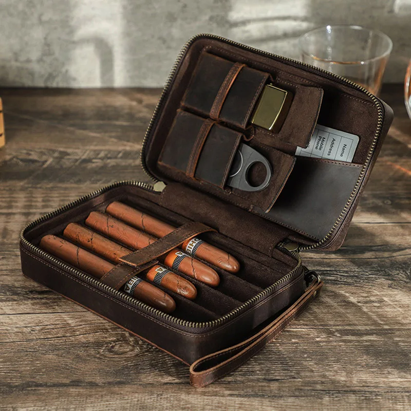 

Винтажный коричневый чехол для аксессуаров из натуральной коровьей кожи с 4 слотами, универсальный дорожный органайзер для сигар, сумка с замшевой подкладкой, чехол для инструментов для сигар
